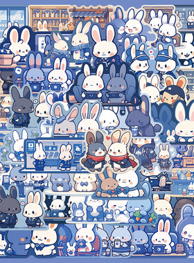 50张卡通可爱蓝色小兔子贴纸ins风少女心装饰手账手机壳防水贴纸