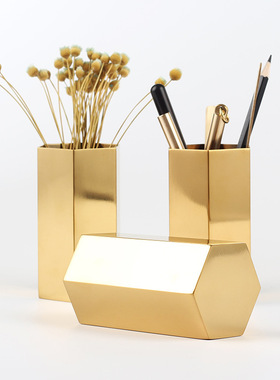 北欧风不锈钢六边形插花瓶笔筒
