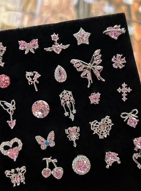 芭比粉色爱心蝴蝶耳骨钉钛钢防过敏拧螺丝免摘耳钉高级感耳饰女