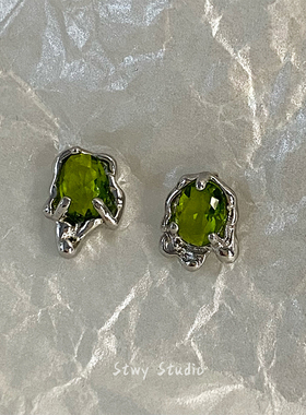 清冷少女橄榄绿色液态熔岩不规则耳钉女小众设计高级感耳饰夏新品