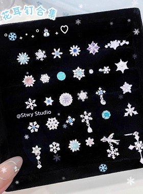 秋冬新款爆闪雪花耳钉女医用钛钢耳骨钉养耳洞耳蜗钉高级感耳环女