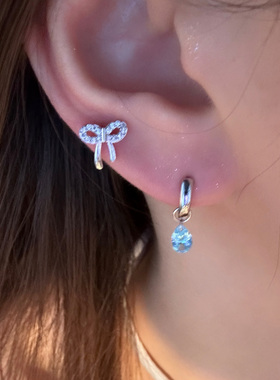 甜美蝴蝶结耳钉蓝色水滴耳扣医用钛钢耳骨钉高级感小众设计耳饰女