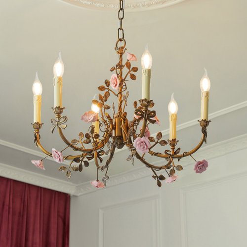 法式吊灯古典玫瑰全铜蜡烛浪漫灯