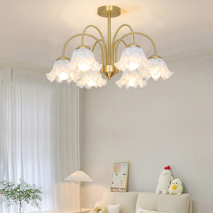 客厅全铜吊灯现代简约大气高亮大厅主灯轻奢卧室玻璃灯罩餐厅灯具
