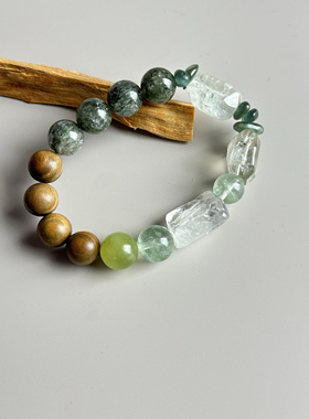 补金木 茶幽灵婚纱白幽灵绿檀岫玉绿水晶 5行手串