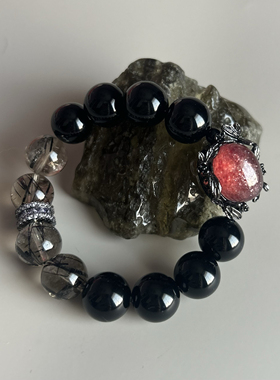 【魅影】暗黑系鸽血红星光草莓黑曜石茶发晶复古手串个性甜酷辣妹