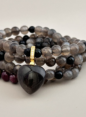 黑金骨干项链含吊坠天然卢比来碧玺黑碧玺三圈手链复古风大气简约