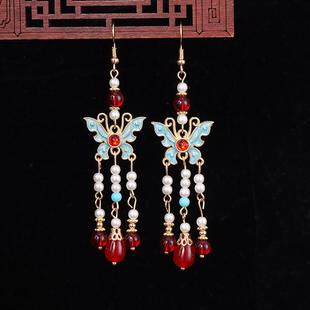 复古旗袍耳环新款烧蓝蝴蝶耳坠新中式耳饰古风国风汉服马面裙配饰