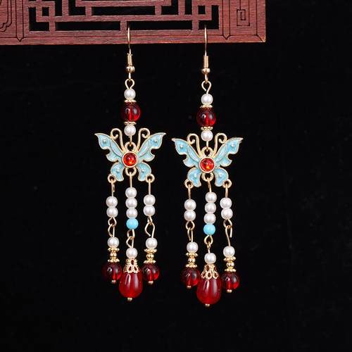 新中式蝴蝶烧蓝珍珠耳坠女高级感