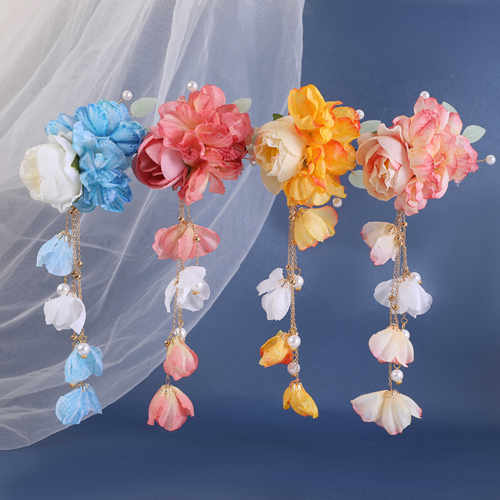 汉服绢花头饰簪花发饰古风边夹女花丸头花流苏发夹唐风配饰马面裙