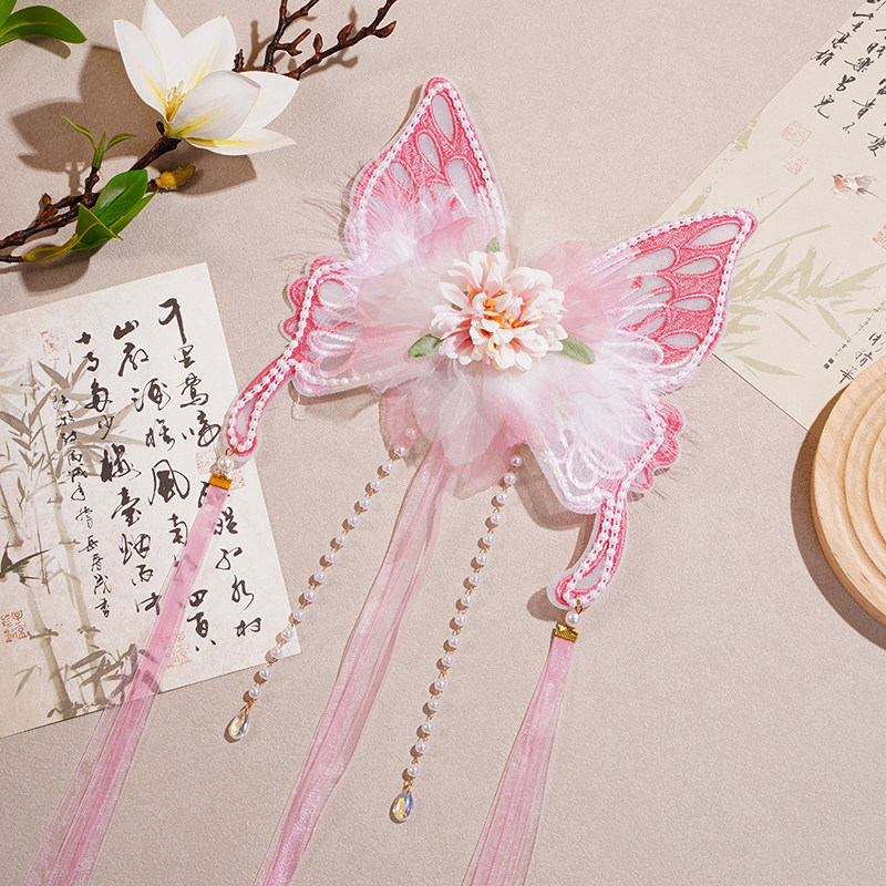 古风儿童绢花发夹大蝴蝶后压超仙羽毛长飘带流苏发饰百搭汉服头饰