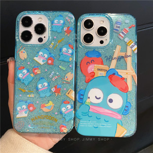 可爱卡通画家丑鱼汉顿适用iPhone17/17promax手机壳16promax光面闪粉壳13苹果14Pro全包壳15Pro