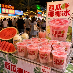 一次性塑料杯批发西瓜椰椰冰杯子带盖打包杯奶茶椰奶自制果茶杯子