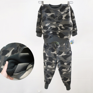 潮人加绒加厚弹力猿人男童装中小童套头迷彩卫衣卫裤运动休闲套装