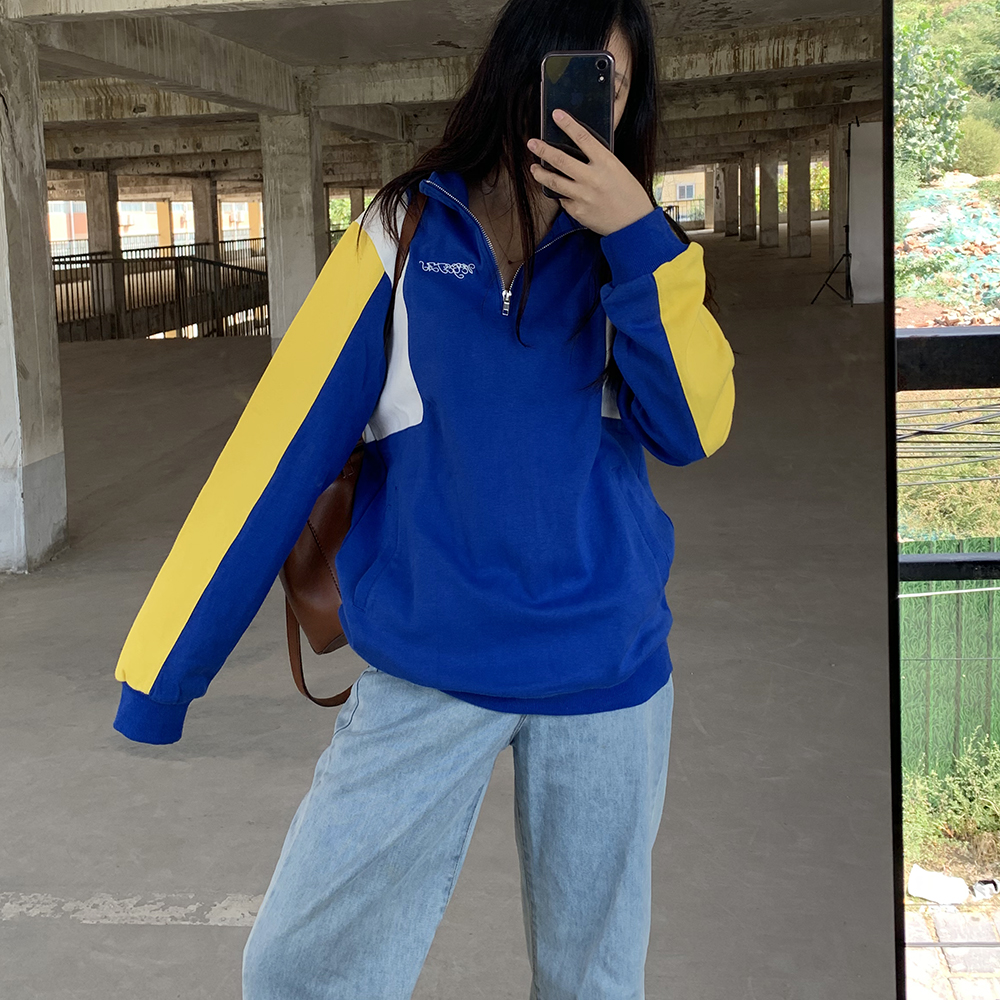 复古学院男友风撞色拼接宽松领口拉链翻领立领情侣卫衣男女款秋冬
