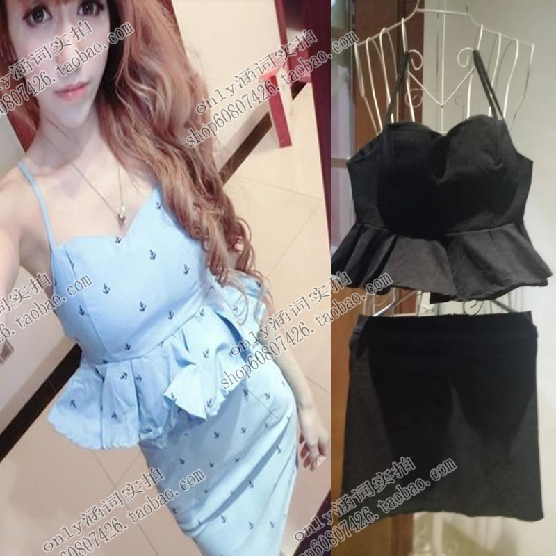 性感显瘦辣妹两件套装女纯欲风黑色荷叶边吊带背心上衣包臀裙