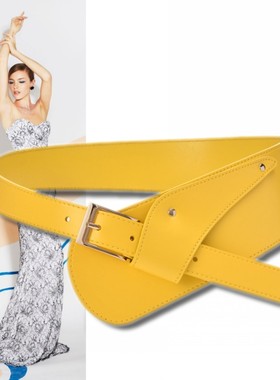 黄色8厘米真皮装饰超宽腰带女辣妹羽绒服西装呢子大衣束腰封皮带