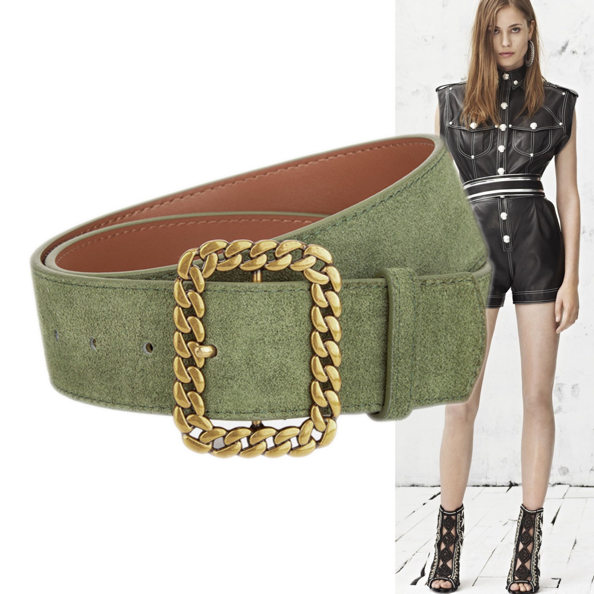 军绿色磨砂牛皮4.3厘米宽腰带嘻哈女风衣大衣连衣裙显瘦束腰皮带