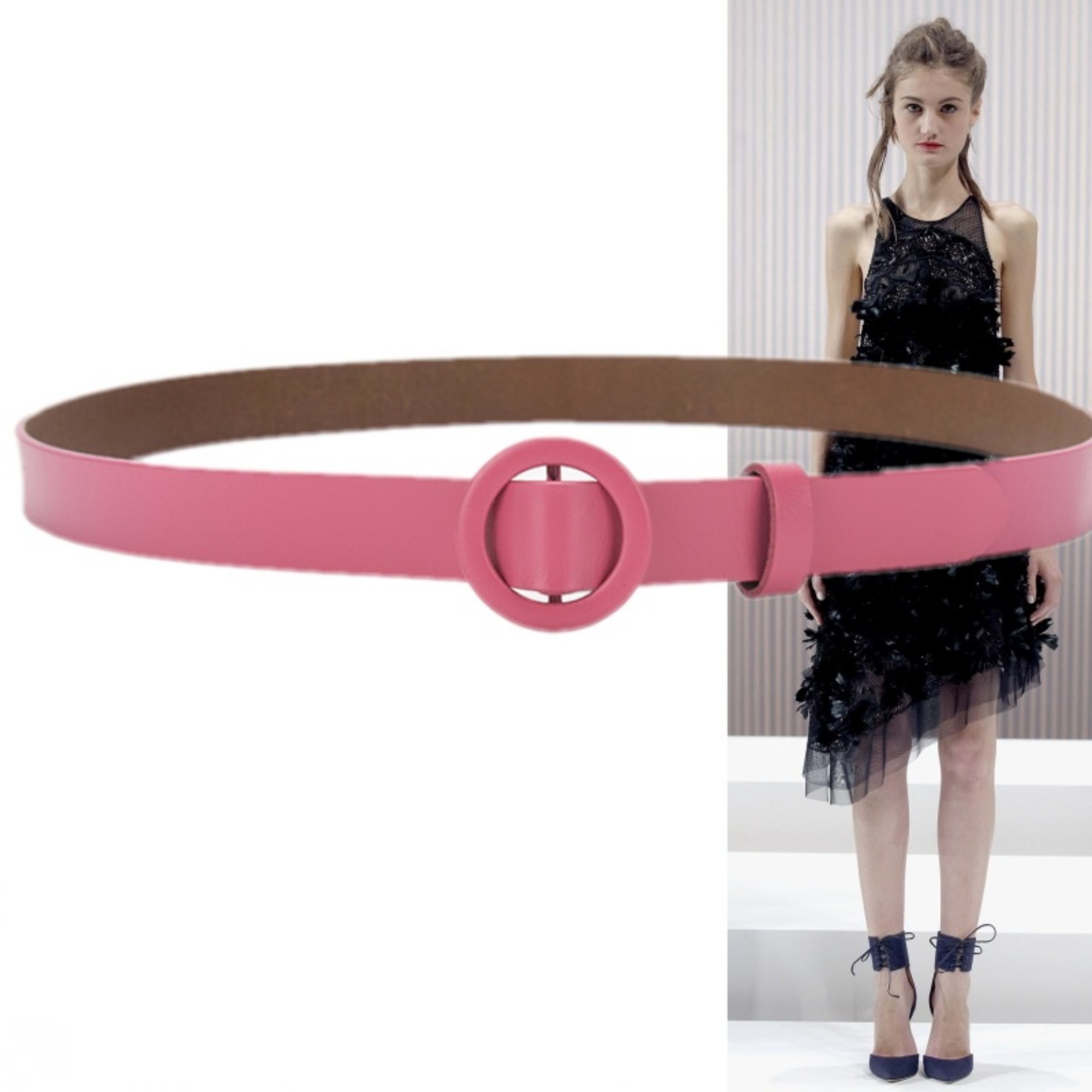 玫红色显瘦收腰牛皮装饰腰带女毛呢大衣羽绒服西装2.3厘米小皮带