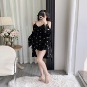 秋冬新款 金丝绒纯欲风睡衣女睡袍吊带睡裙两件套印花带胸垫家居服