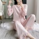 2025春秋款 仙女高级感缎面冰丝蕾丝家居服套装 睡衣女款 荷叶花边袖