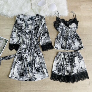 外袍三件套装 睡衣水墨印花春夏吊带短裤 性感睡袍 丝绸薄款 2021新款