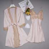 新款 女士睡衣睫毛蕾丝花边睡两件套带胸垫冰丝性感吊带睡裙可外
