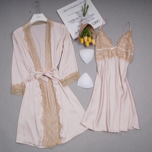 新款 女士睡衣睫毛蕾丝花边睡两件套带胸垫冰丝性感吊带睡裙可外