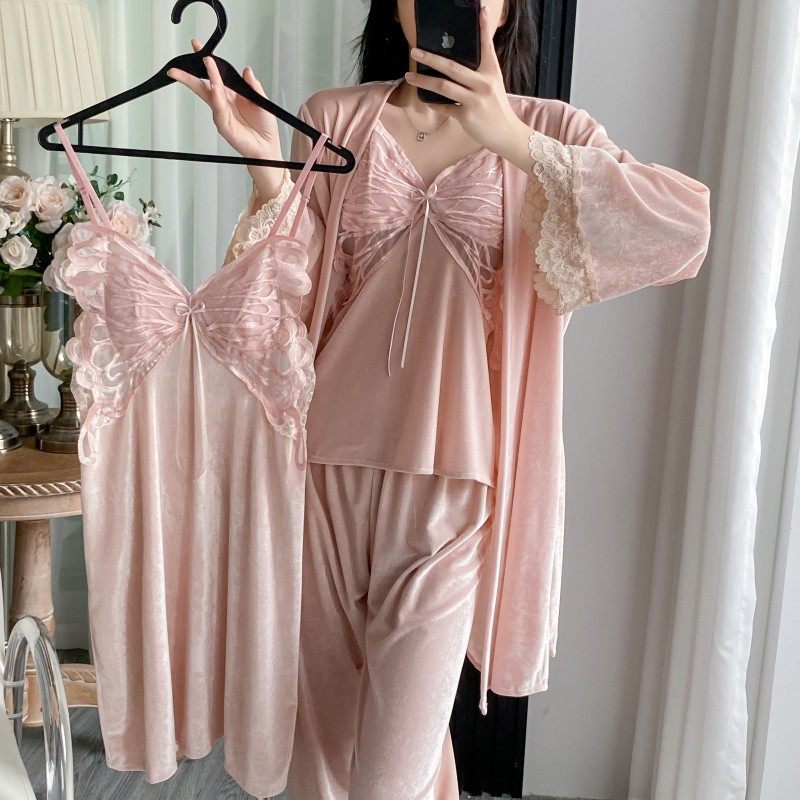 2025秋冬新款金丝绒睡衣女性感纯欲风蝴蝶花边吊裙睡袍长裤四件套