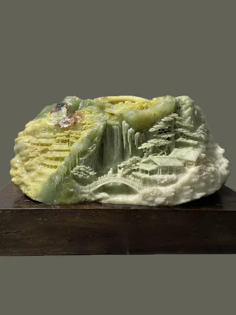 std3天然岫玉山水摆件一体雕刻客厅玄关正品保真财源广进