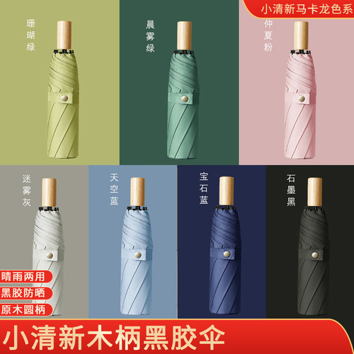 晴雨两用小清新黑胶三折伞牛油果