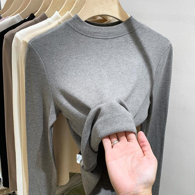 灰色圆领长袖t恤秋冬显瘦内搭
