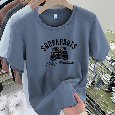 短袖衫T恤女修身正肩印花体恤夏