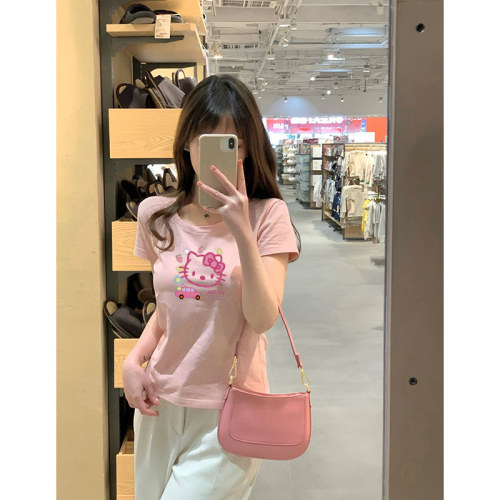 粉色正肩短袖t恤女2024夏季新款