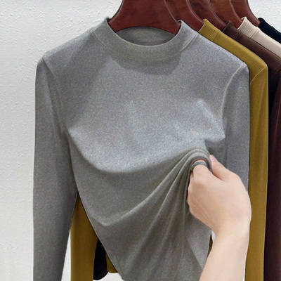 德绒小立领长袖T恤打底衫女修身