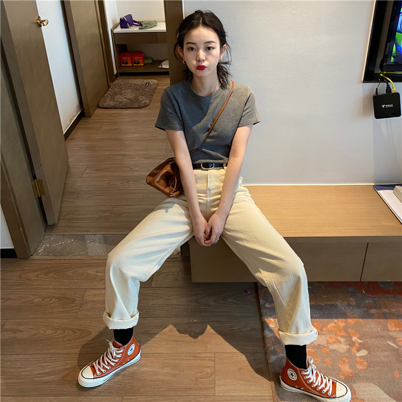 灰色修身小个子上衣女短袖衫夏季纯棉短款圆领正肩t恤女显瘦