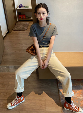 灰色修身小个子上衣女短袖衫夏季纯棉短款圆领正肩t恤女显瘦