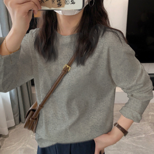 棉质打底衫 灰色圆领棉质长袖 正肩修身 新款 减龄上衣 t恤女2025秋季