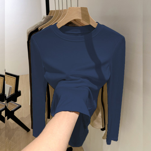 纯棉夏秋季修身长袖正肩T恤女