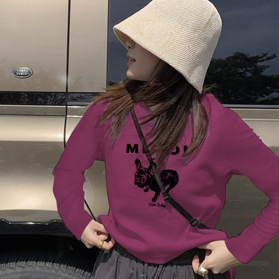 百搭火龙果色打底衫女秋印花长袖