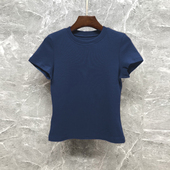 藏青色纯棉圆领正肩短袖 基础显瘦体恤上衣 2025新款 t恤女修身 夏季