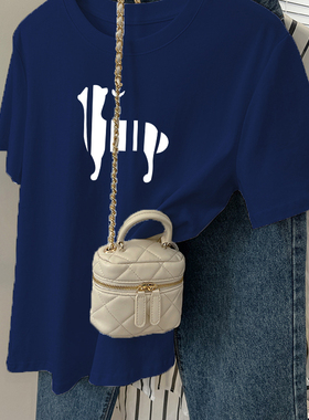 藏蓝色修身显白遮肉短袖上衣女2025夏季新款圆领ins纯棉时尚T恤衫