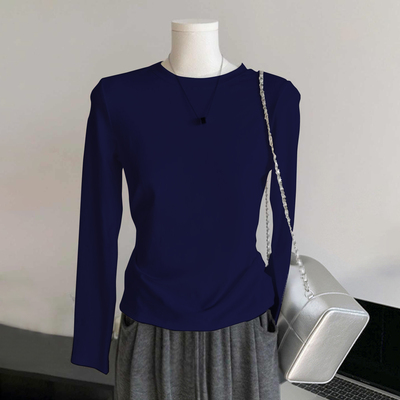 藏青色长袖圆领针织衫纯色棉质女