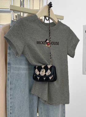 灰色纯棉短袖t恤女2025新款正肩圆领体恤夏季修身减龄t恤上衣ins