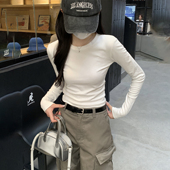 纯棉打底衫 百搭圆领长袖 女春秋季 小个子时尚 内搭t恤修身 白色美式