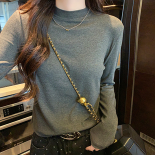 修身 t恤女螺纹纯色独特别致长袖 上衣 秋冬季 欧货灰色半高领打底衫