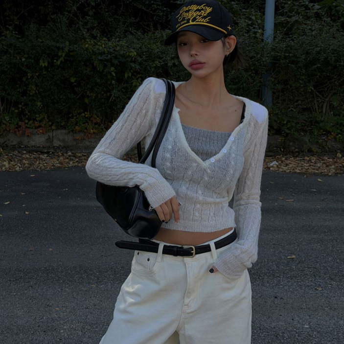 Cmy korea韩国正品代购 叠穿风两件套垫肩设计套头针织衫