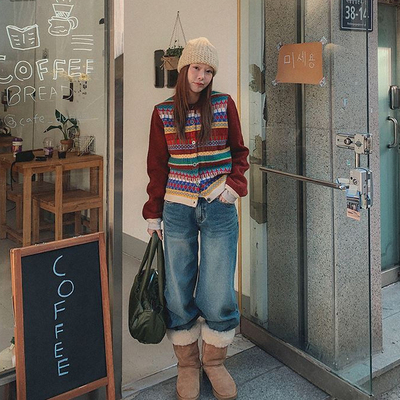 枣红色菱形设计毛衣开衫针织衫