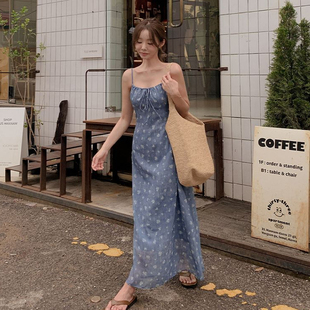 牛仔蓝色碎花吊带褶皱后背连衣裙 代购 Cmy korea韩国女装