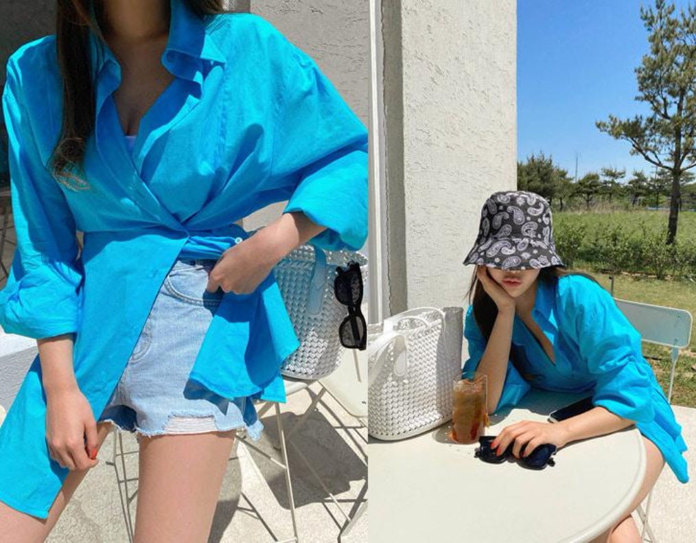 Cmy korea韩国代女装进口斜边翻领宽松不规则孔雀蓝色女在类目 女装/女士精品, 衬衫中 - 来自Buy2taobao.com提供专业的淘宝代购服务